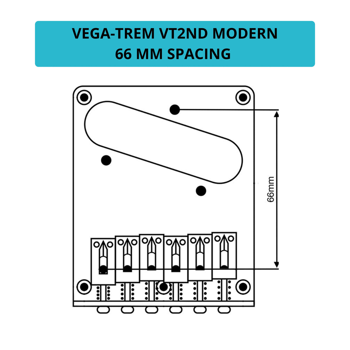 Vega-Trem VT2ND Modern 66mm bridge with fit diagram showing string-through hole to bridge pickup screw measurement