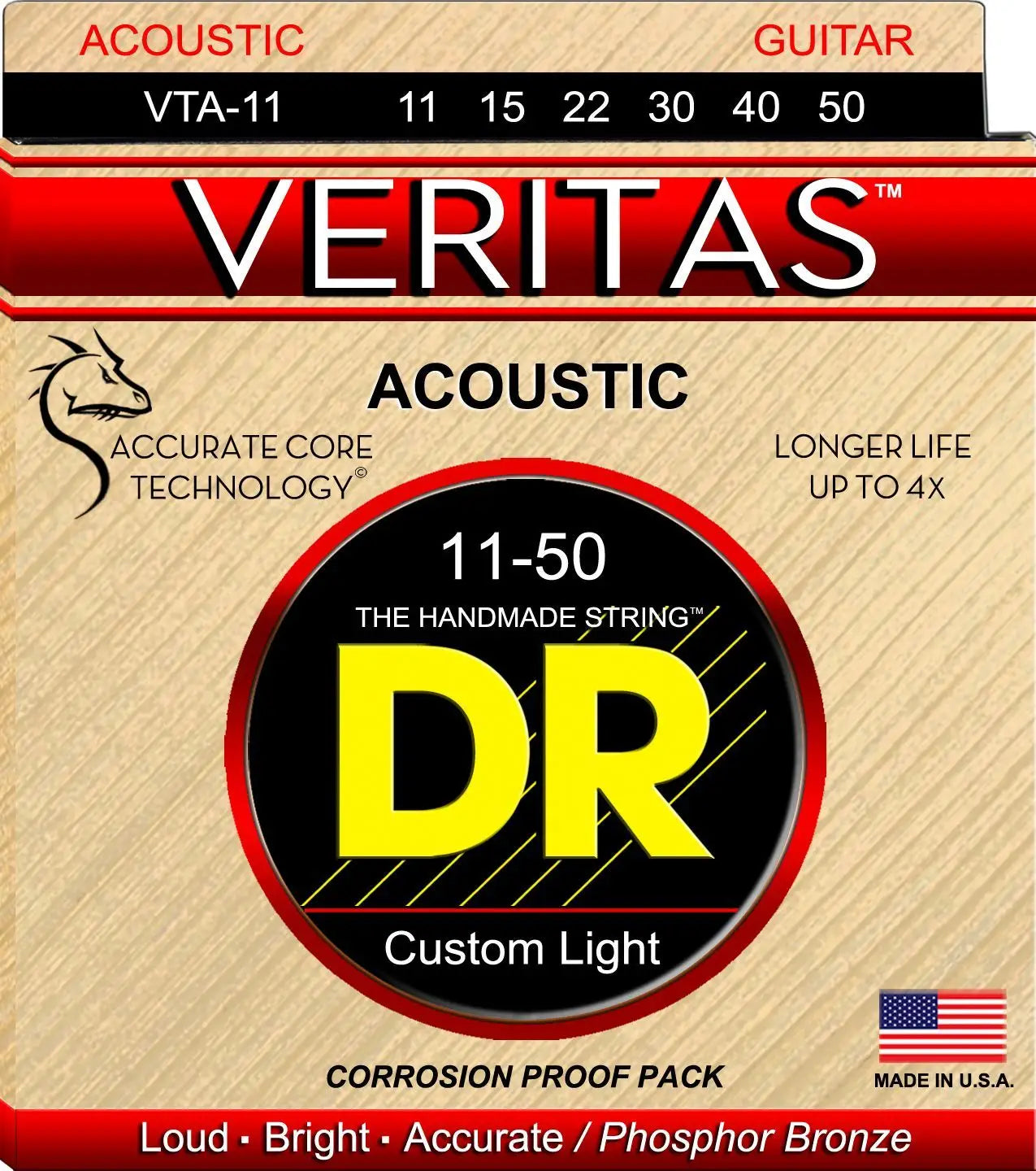 VTA-11 6-String Set VERITAS Coated Core Technology Acoustic Guitar Strings Custom Light 11-50