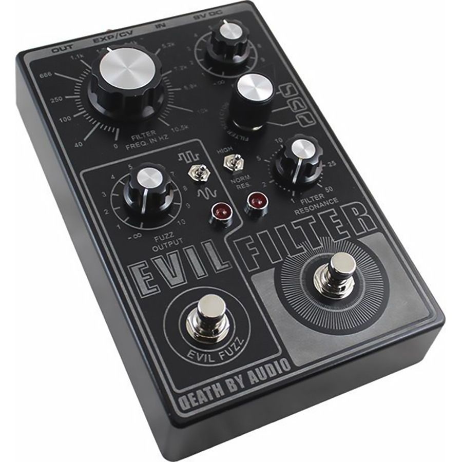 Death by Audio Evil Filter pedal from the front left with the filter frequency scale and Evil Fuzz footswitch in view