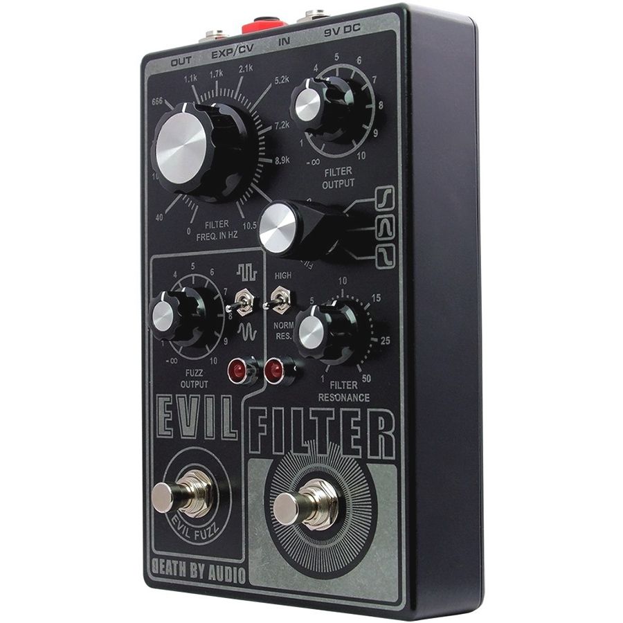 Death by Audio Evil Filter pedal from the front right, showing the red expression and CV jack and both footswitches