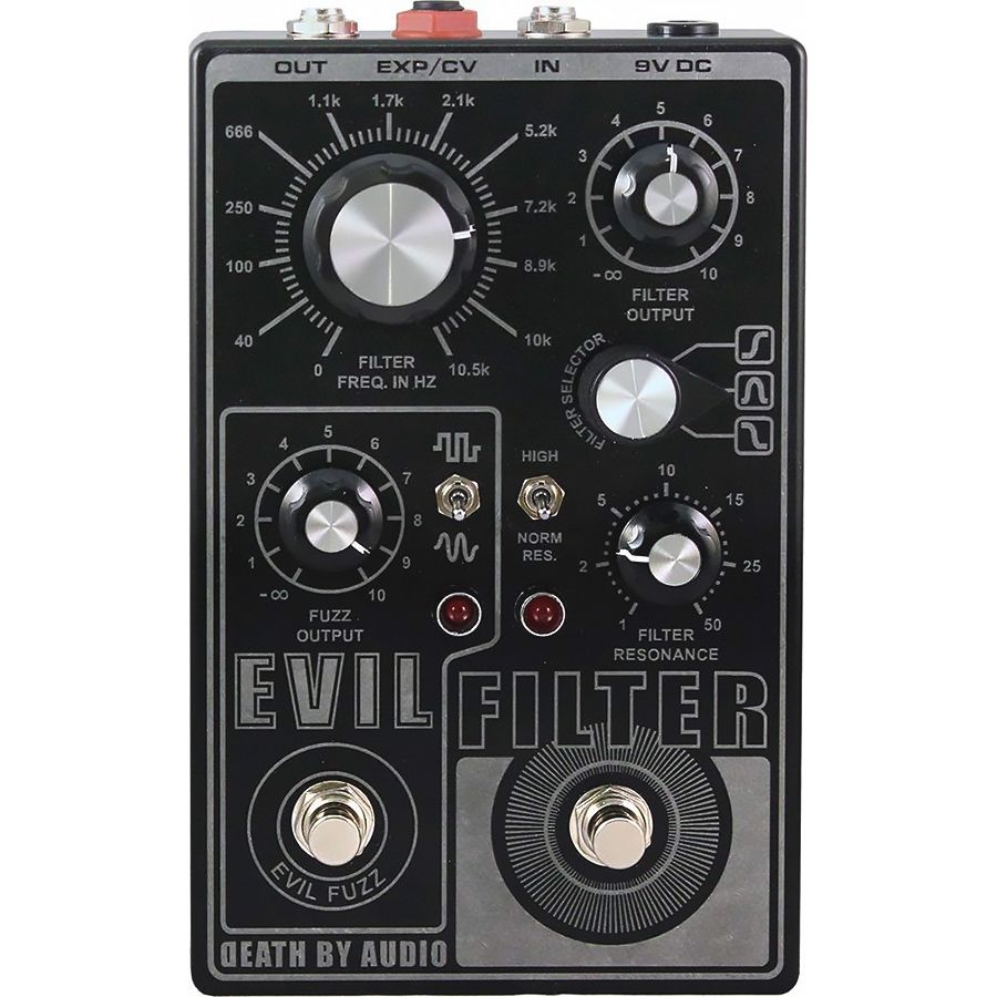 Death by Audio Evil Filter pedal, top view with the FILTER FREQ knob and hertz scale, resonance and fuzz controls and the high pass band pass low pass selector