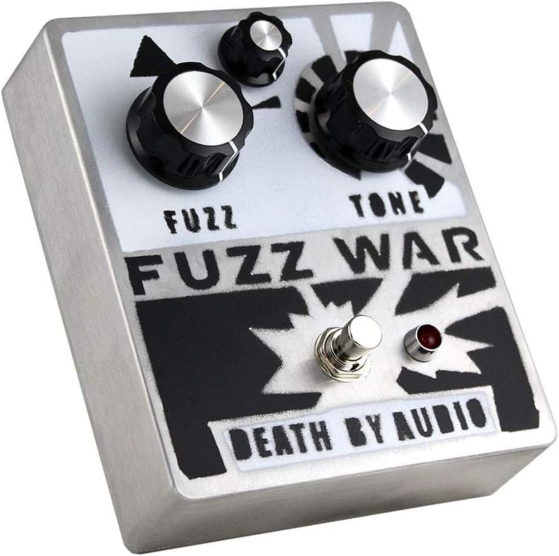 Death by Audio Fuzz War pedal from the front right, showing the brushed metal enclosure and both large control knobs