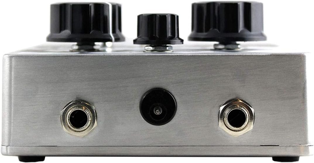 Rear jack panel of the Death by Audio Fuzz War with two quarter inch jacks and a centre barrel 9V DC socket