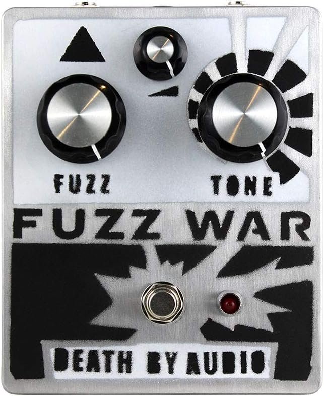 Death by Audio Fuzz War pedal, top view of the raw aluminium enclosure with FUZZ and TONE knobs and the starburst graphic