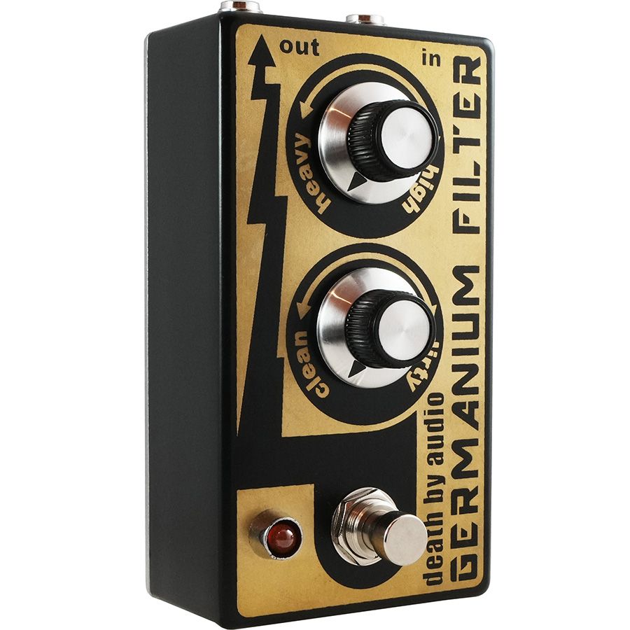 Death by Audio Germanium Filter pedal from the front right, showing the gold graphic panel and both control knobs
