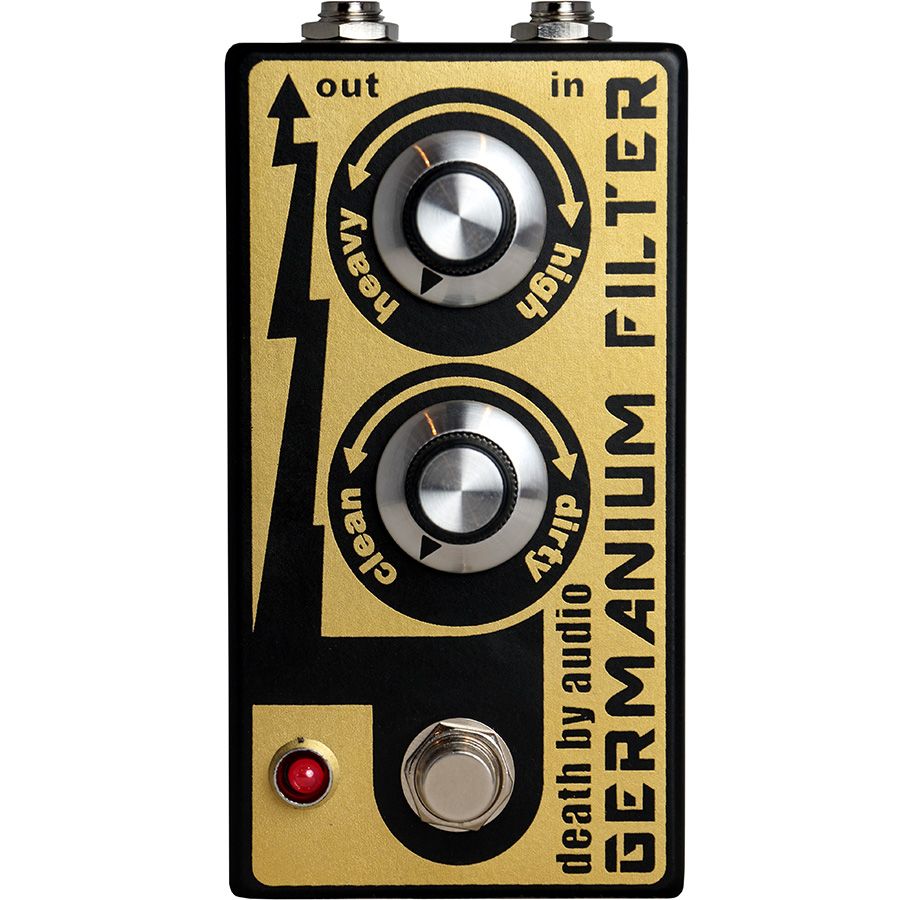 Death by Audio Germanium Filter pedal, top view of the gold and black enclosure with the heavy to high filter knob and clean to dirty gain knob