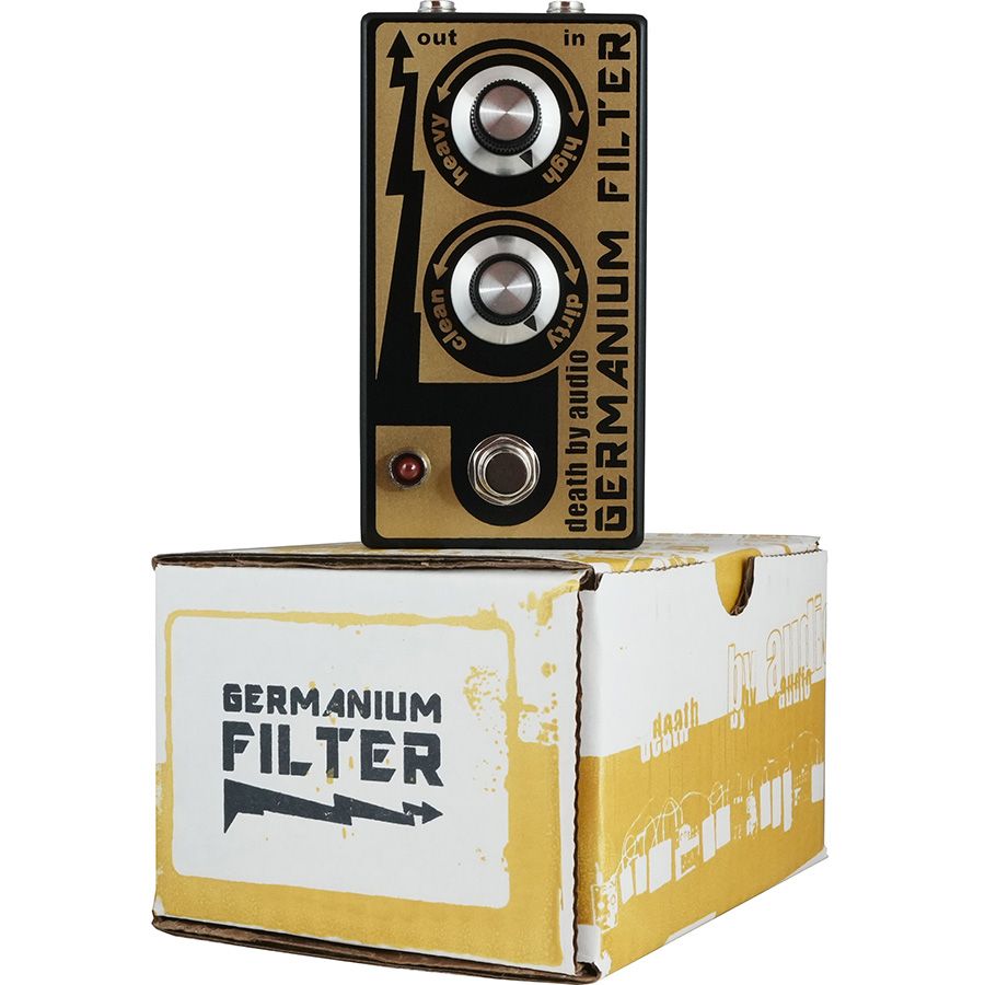 Death by Audio Germanium Filter pedal standing on its printed retail box