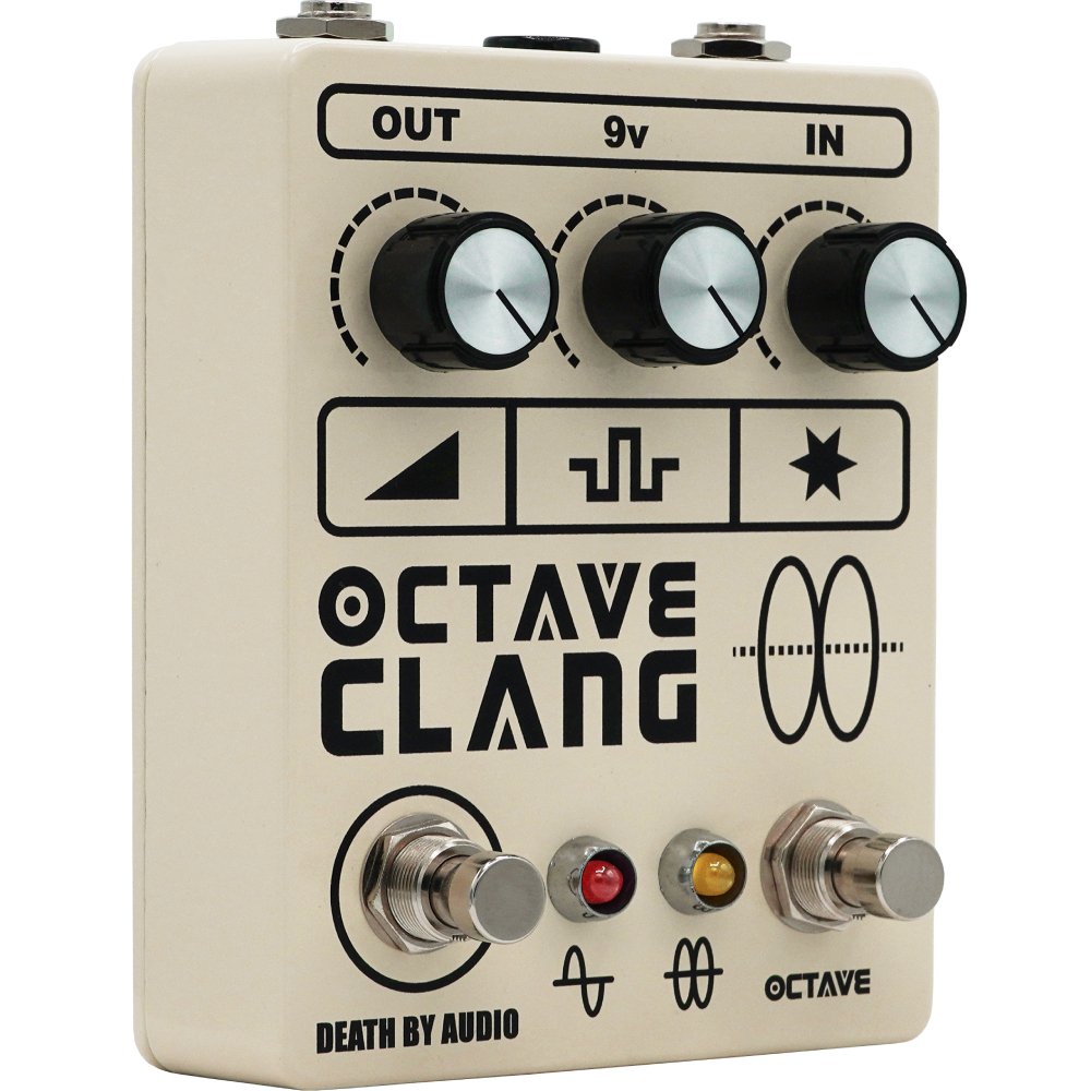 Death by Audio Octave Clang V2 pedal from the front right, showing both footswitches and the three control knobs
