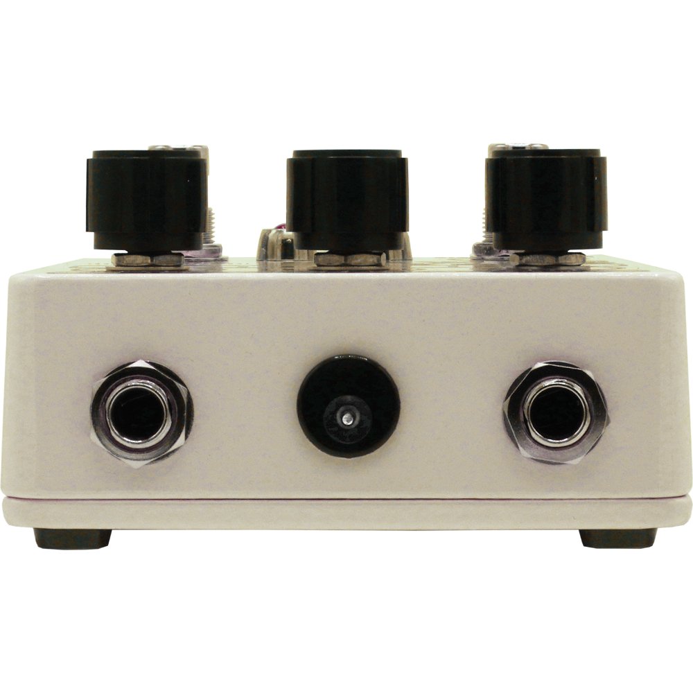 Rear jack panel of the Death by Audio Octave Clang V2 with two quarter inch jacks and a 9V DC power socket