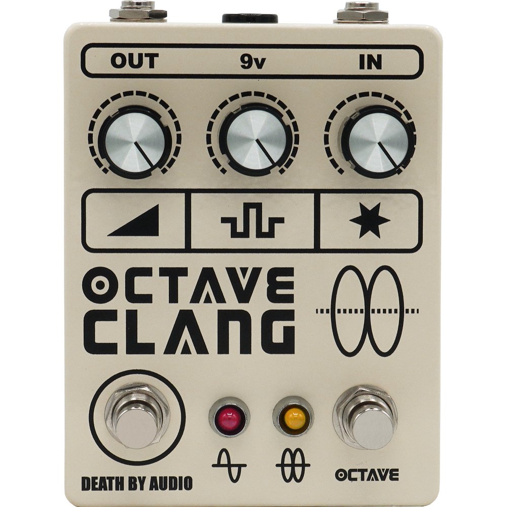 Death by Audio Octave Clang V2 pedal, top view of the cream enclosure with three knobs, bypass and octave footswitches and red and yellow LEDs