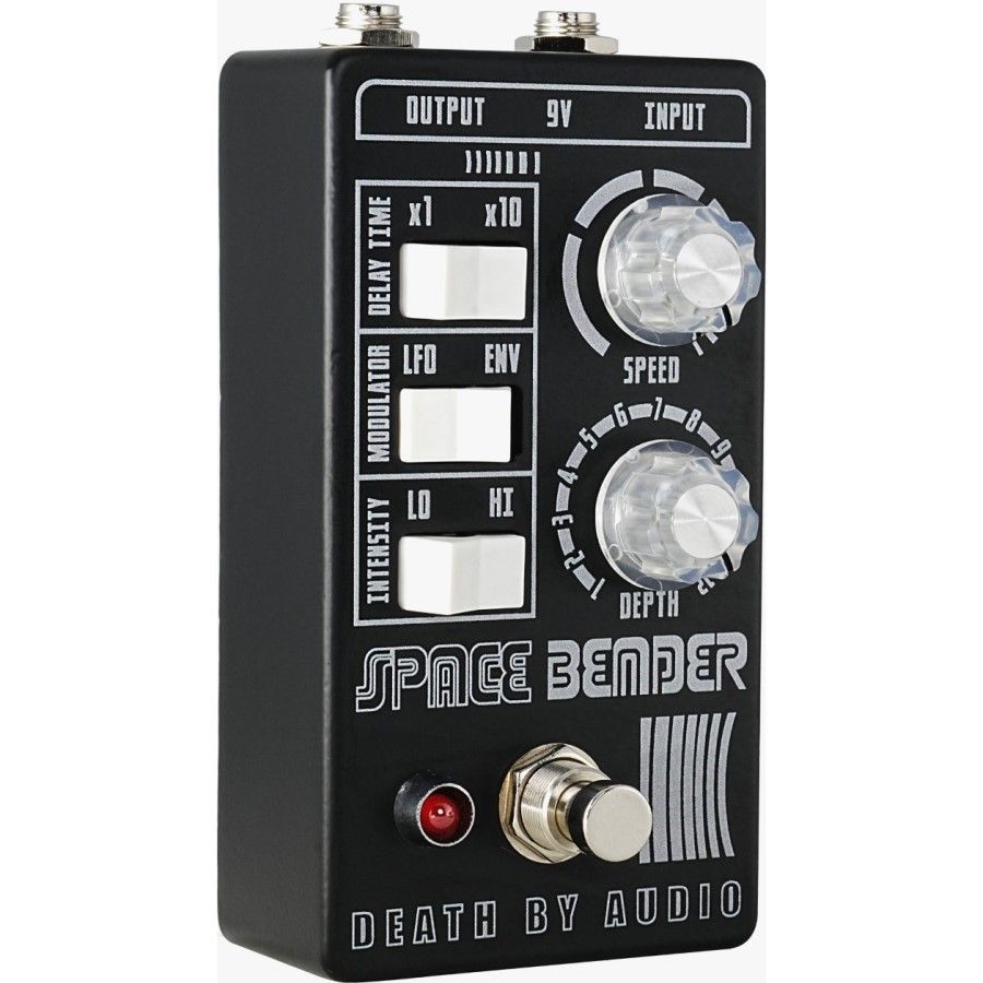 Death by Audio Space Bender pedal from the front right, showing the three rocker switches and both knobs