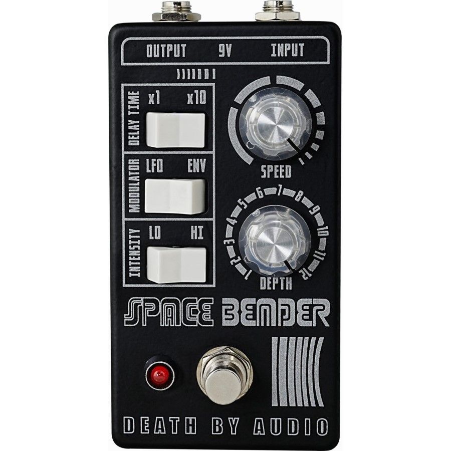 Death by Audio Space Bender pedal, top view with the DELAY TIME, MODULATOR and INTENSITY rocker switches and SPEED and DEPTH knobs