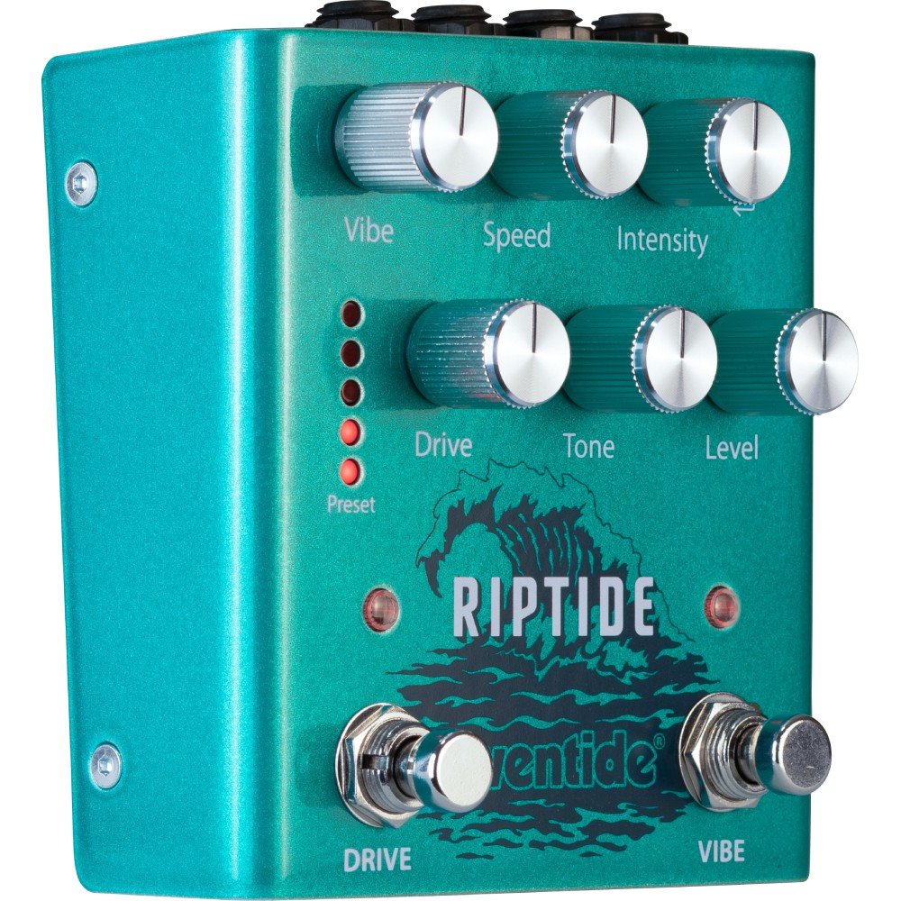 Eventide Riptide drive and Uni-Vibe pedal, angled left view