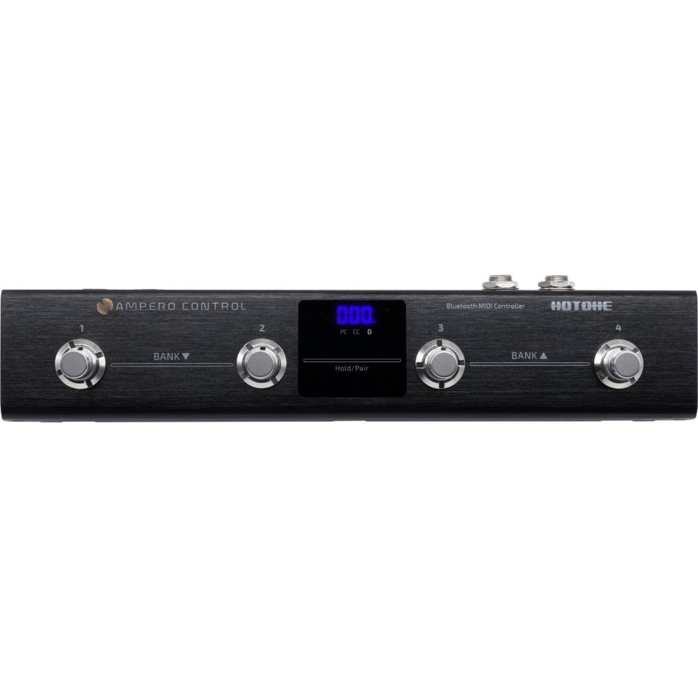 Hotone Ampero Control EC-4 MIDI foot controller, angled front view of display and knobs