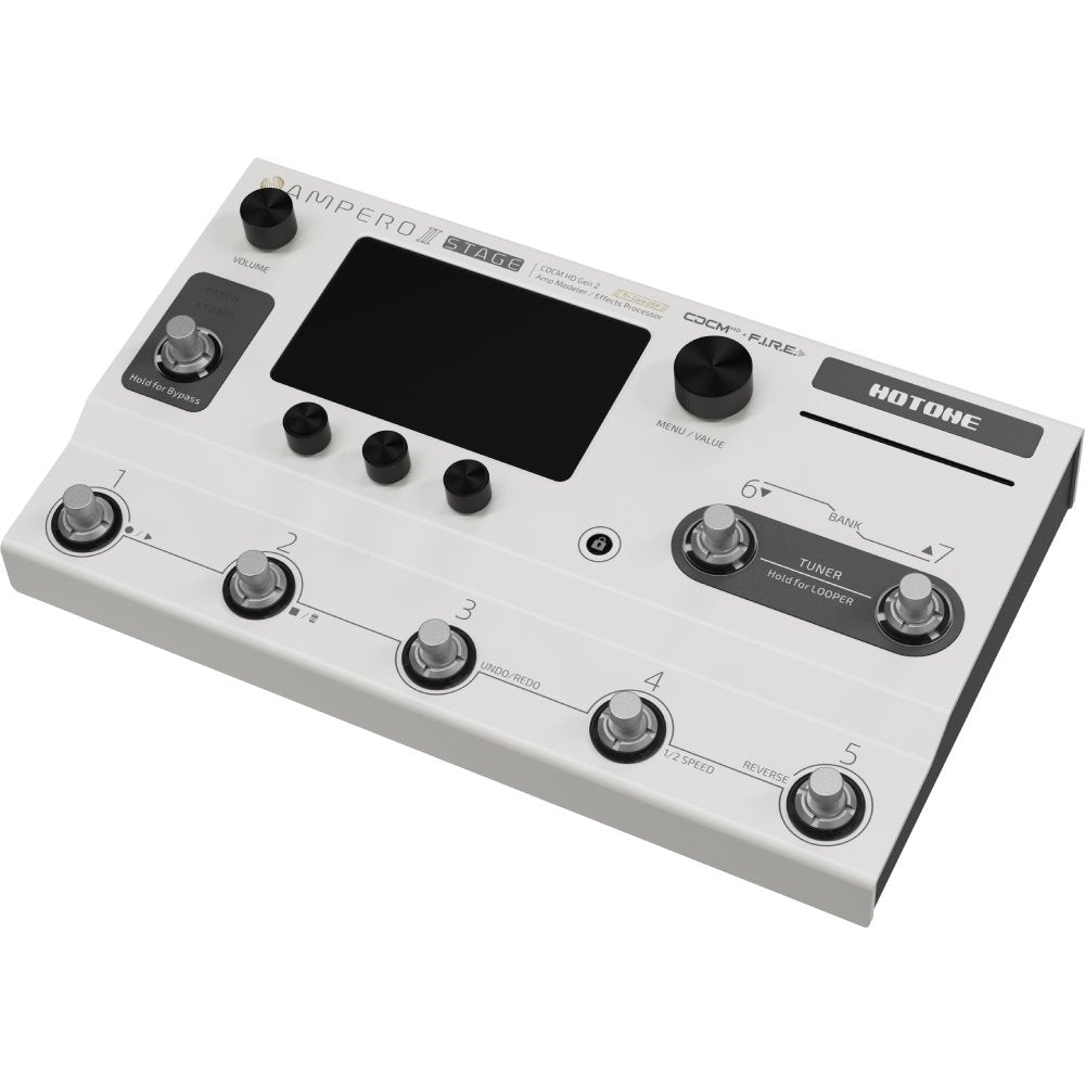 Hotone Ampero II Stage amp modeler, angled view of touchscreen and footswitch row