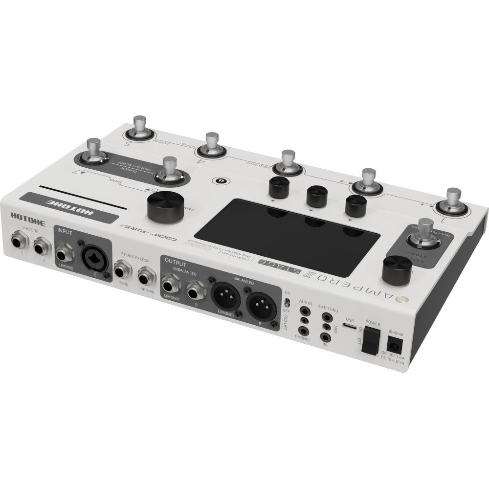 Hotone Ampero II Stage amp modeler, angled view showing rear XLR and USB connectors