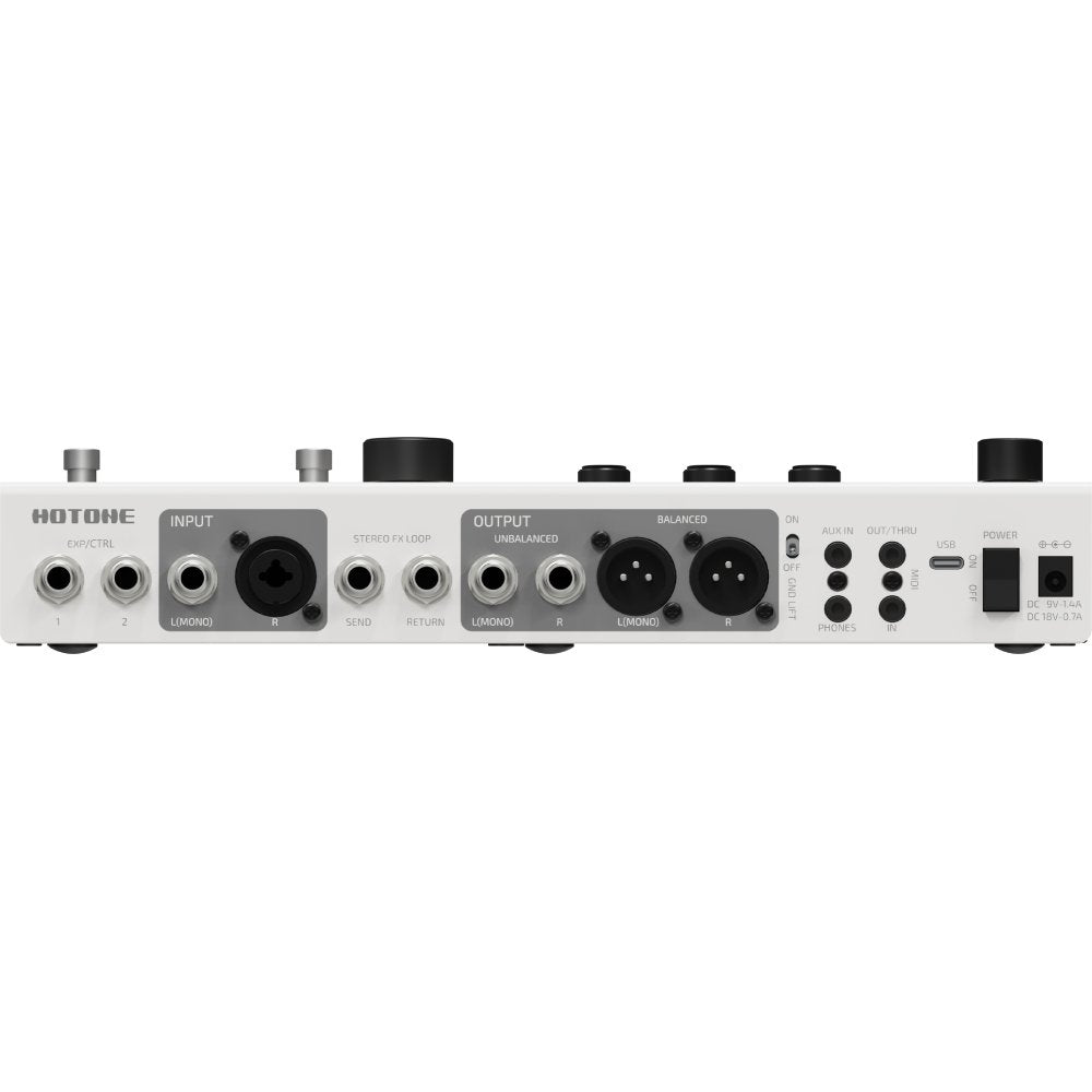 Hotone Ampero II Stage amp modeler, close-up of rear XLR, MIDI and power connector panel