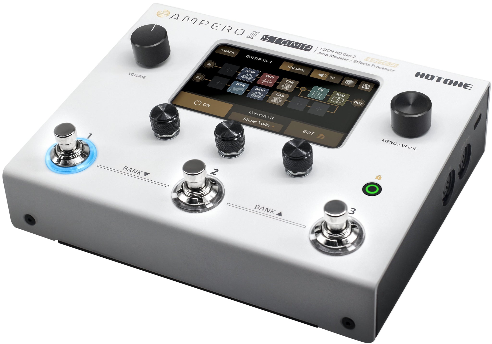 Hotone Ampero II Stomp amp modeler, angled top view of touchscreen and footswitches