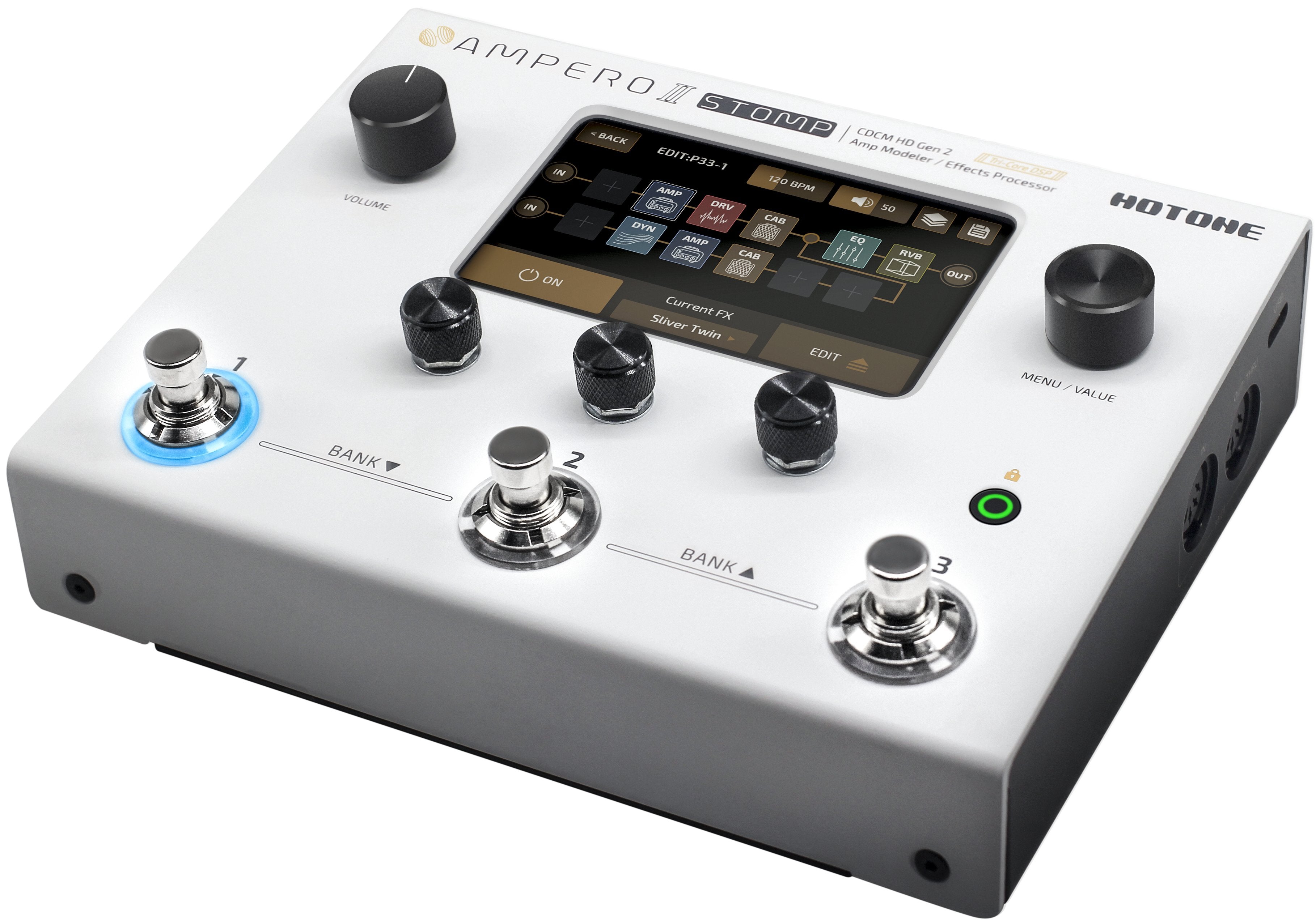 Hotone Ampero II Stomp amp modeler, angled top view of touchscreen and footswitches