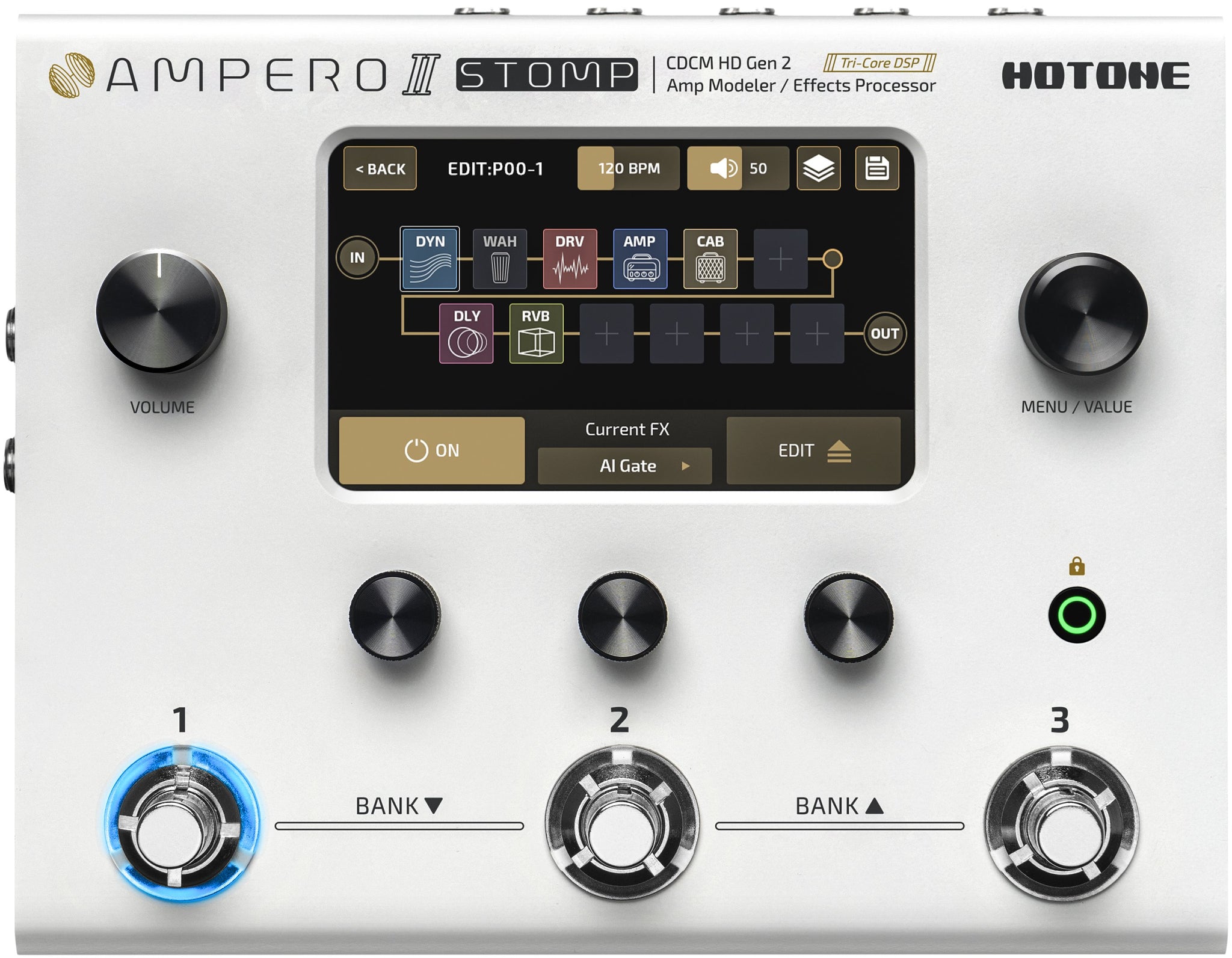 Hotone Ampero II Stomp amp modeler, front view of touchscreen and lit footswitch