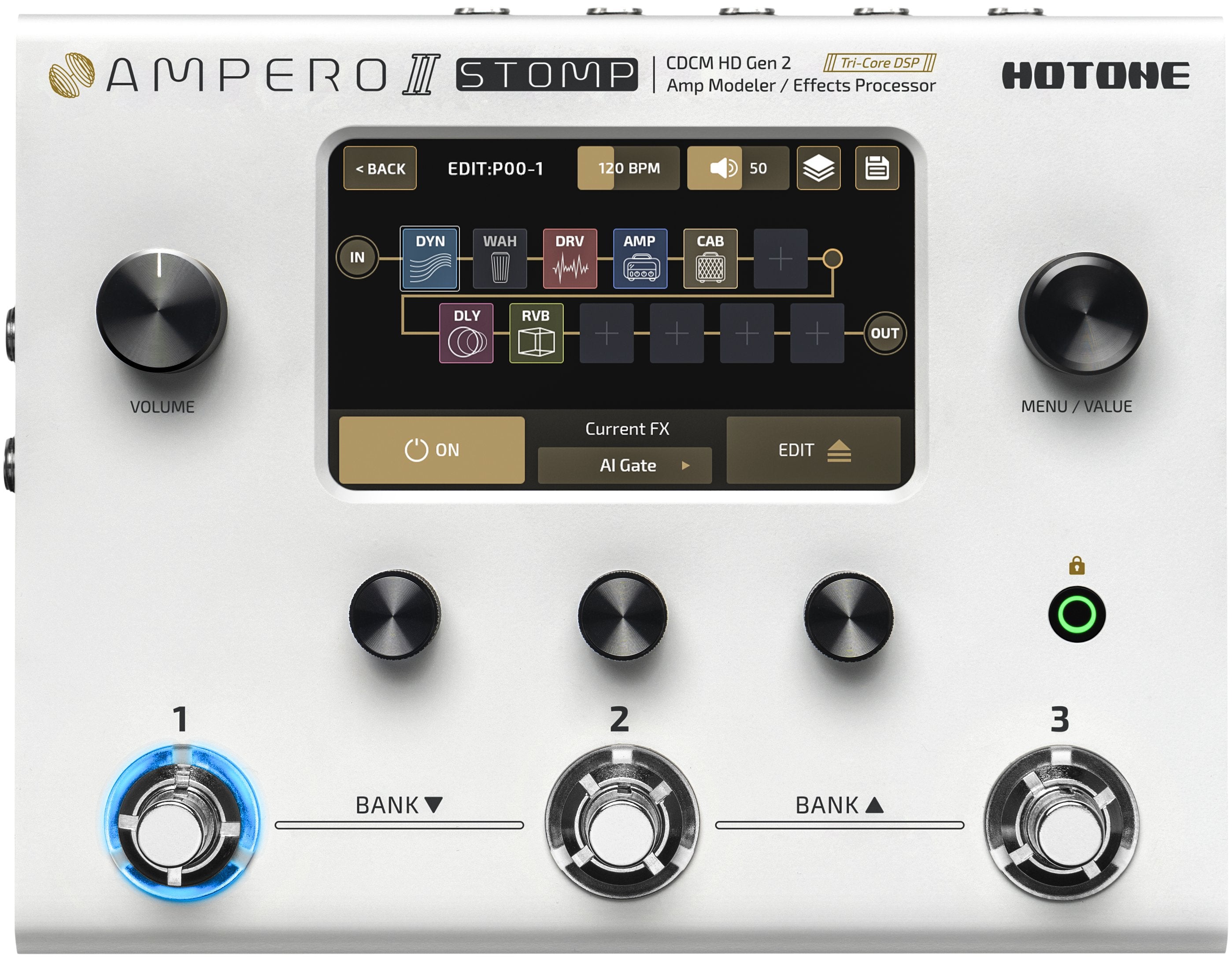 Hotone Ampero II Stomp amp modeler, front view of touchscreen and lit footswitch
