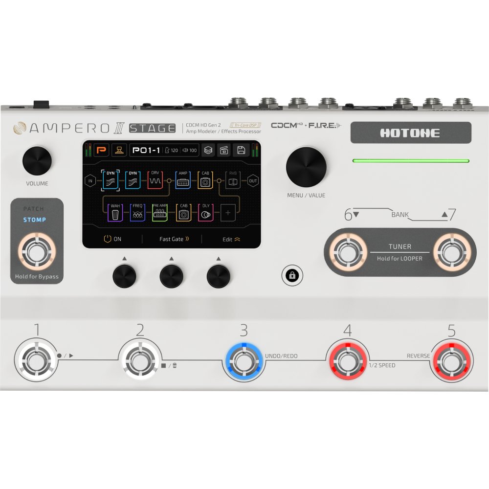 Hotone Ampero II Stomp amp modeler, front view of touchscreen and five-footswitch row