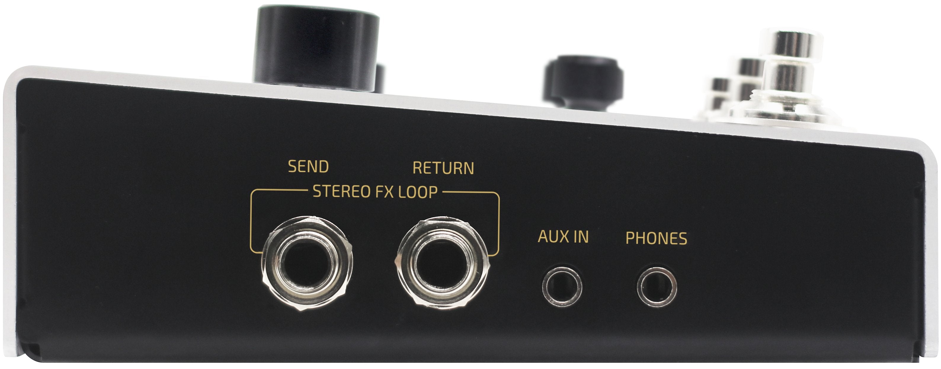 Hotone Ampero II Stomp amp modeler, close-up of FX loop, aux and headphone jacks