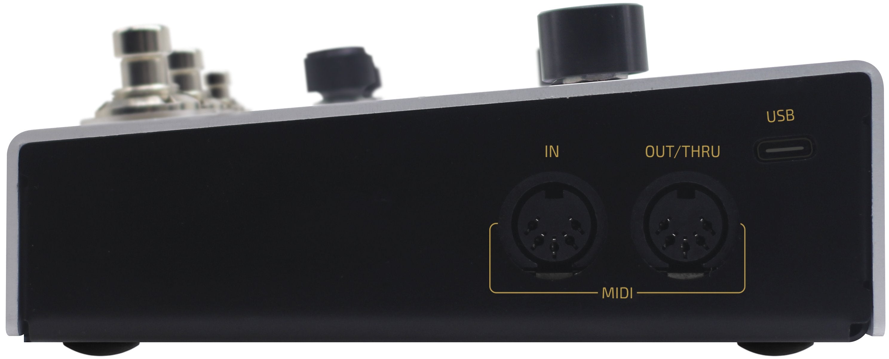 Hotone Ampero II Stomp amp modeler, close-up of MIDI in/out and input jack