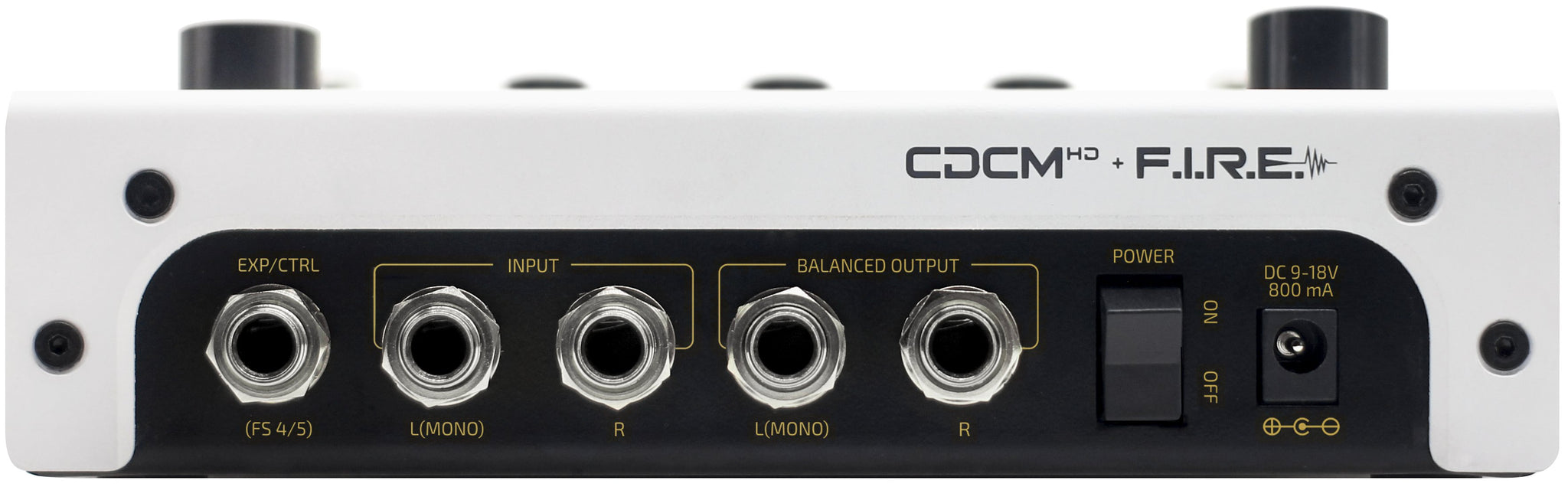 Hotone Ampero II Stomp amp modeler, rear panel showing CDCM Fire connectors and power input