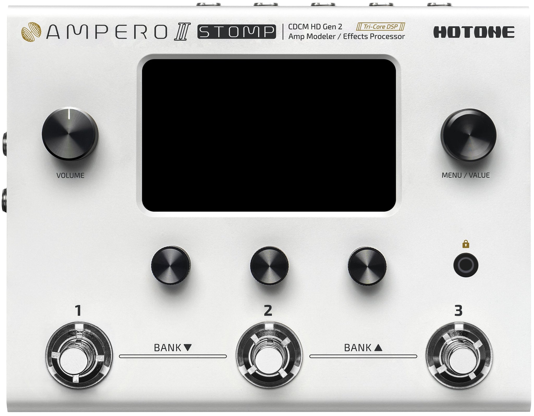 Hotone Ampero II Stomp amp modeler in white finish, front view of touchscreen and footswitches