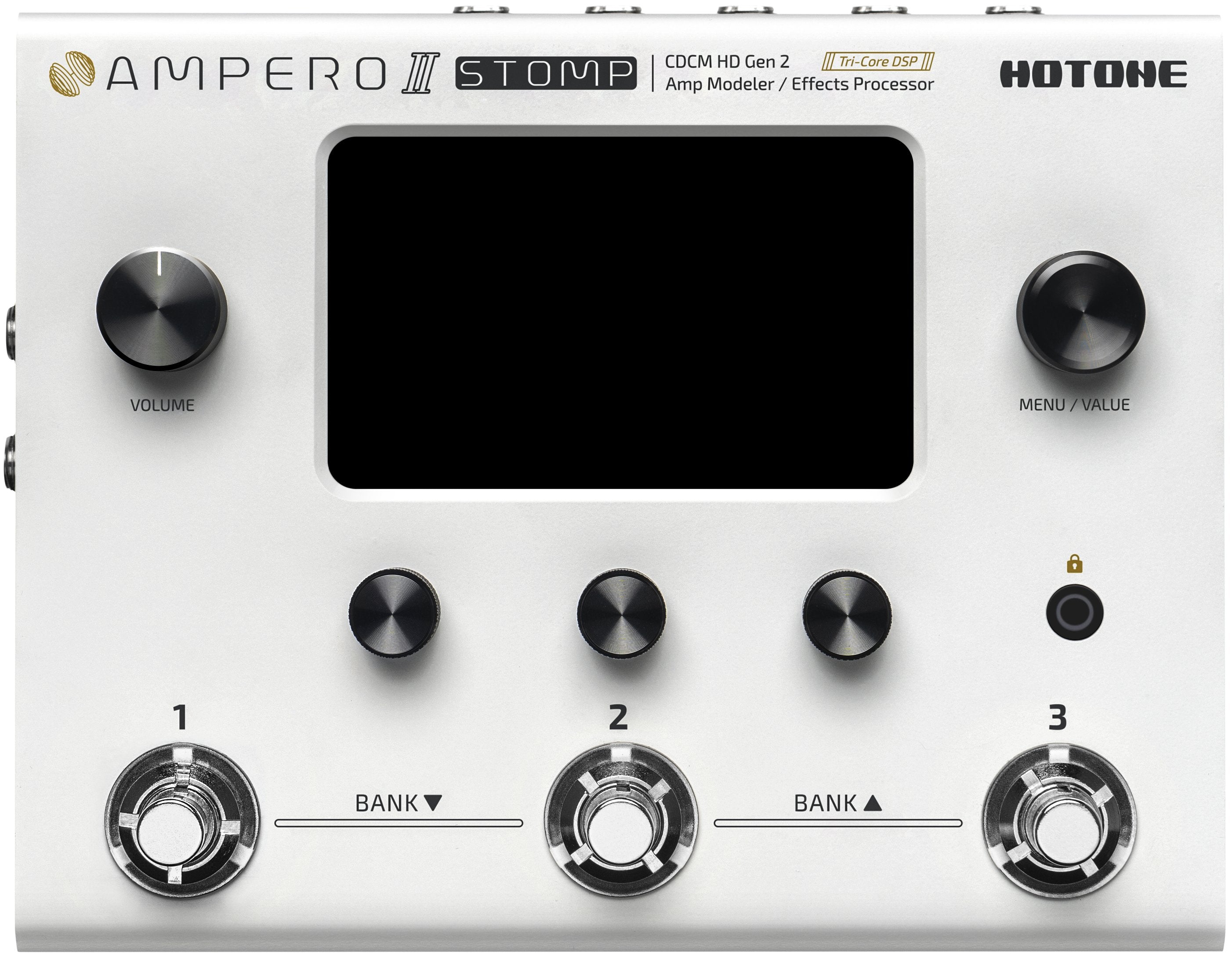 Hotone Ampero II Stomp amp modeler in white finish, front view of touchscreen and footswitches