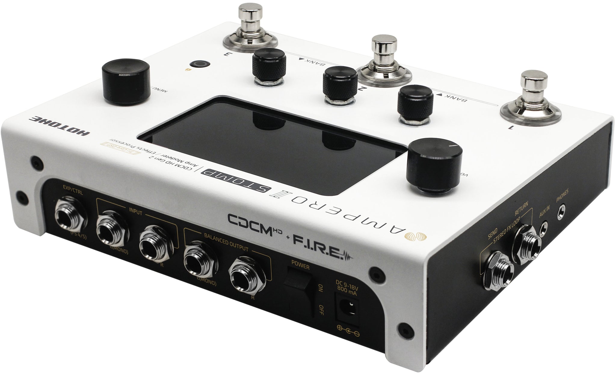 Hotone Ampero II amp modeler in white finish, angled view showing rear connector panel