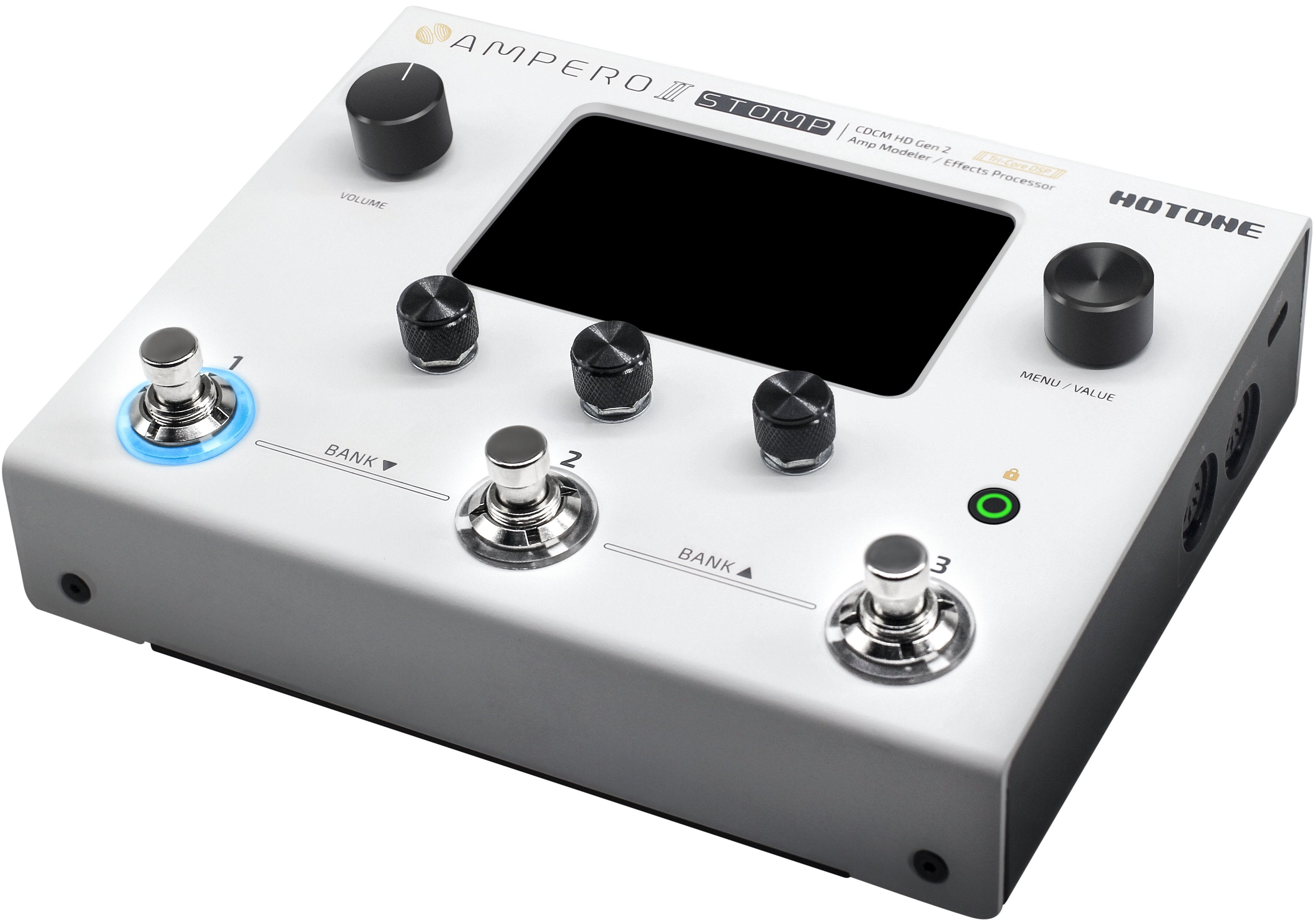 Hotone Ampero II amp modeler in white finish, front view with lit footswitch