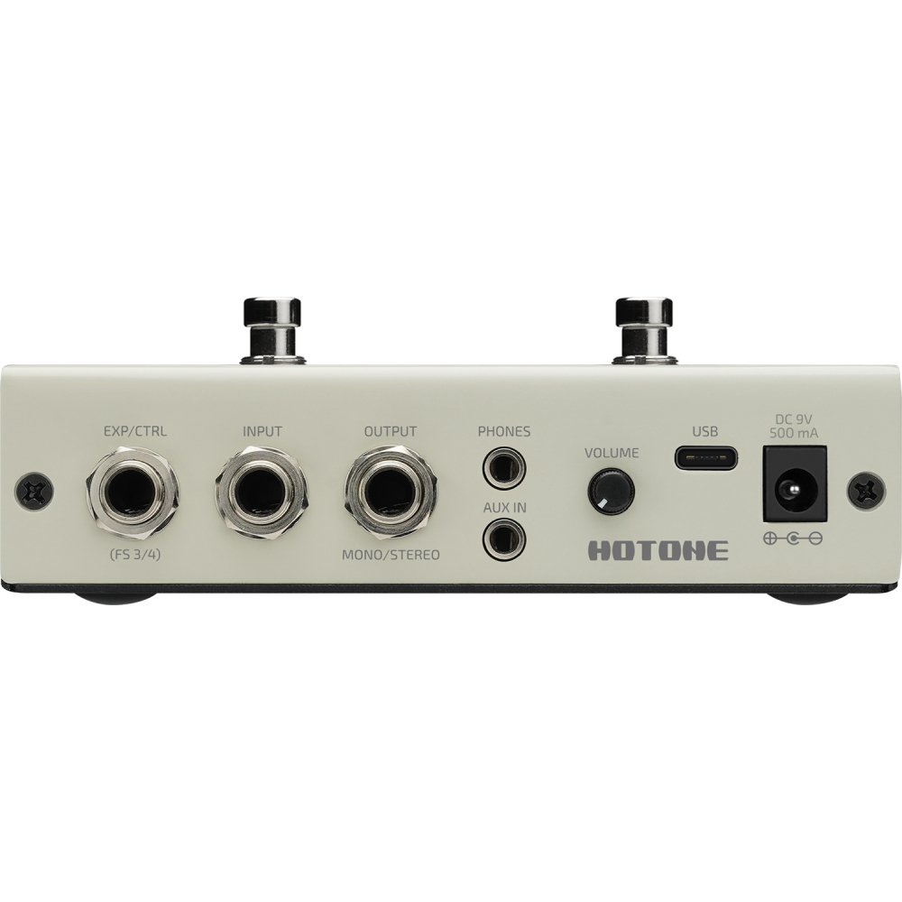 Hotone Ampero Mini amp modeler, front panel showing input, output, phones and USB-C connectors