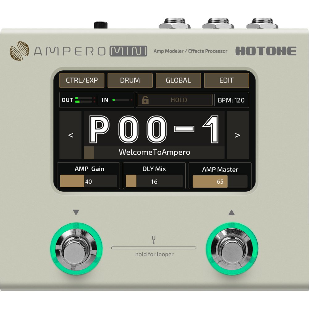 Hotone Ampero Mini amp modeler, front view of touchscreen showing preset P00-1 and footswitches