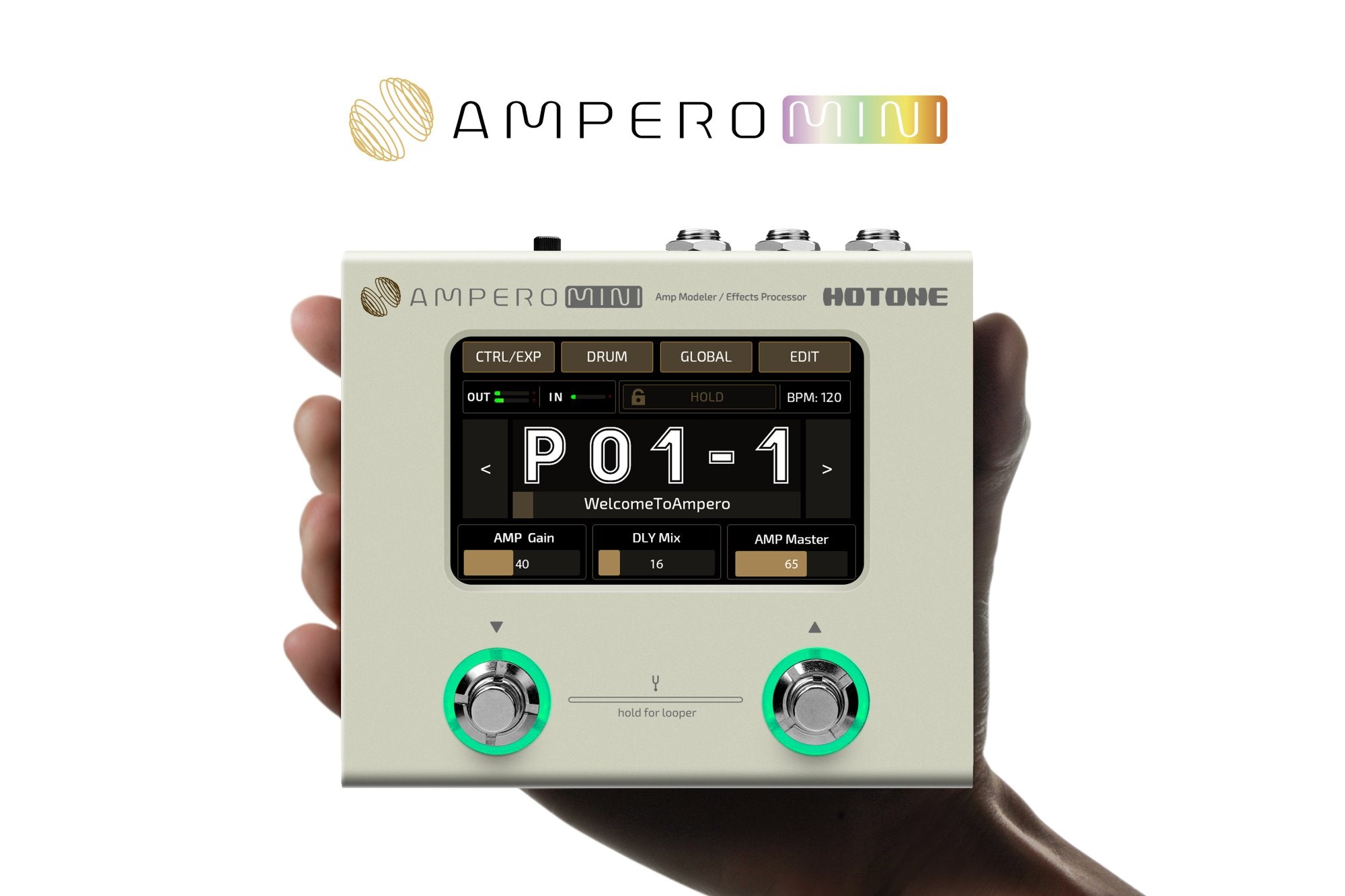 Hand holding the Hotone Ampero Mini amp modeler showing its compact size and touchscreen