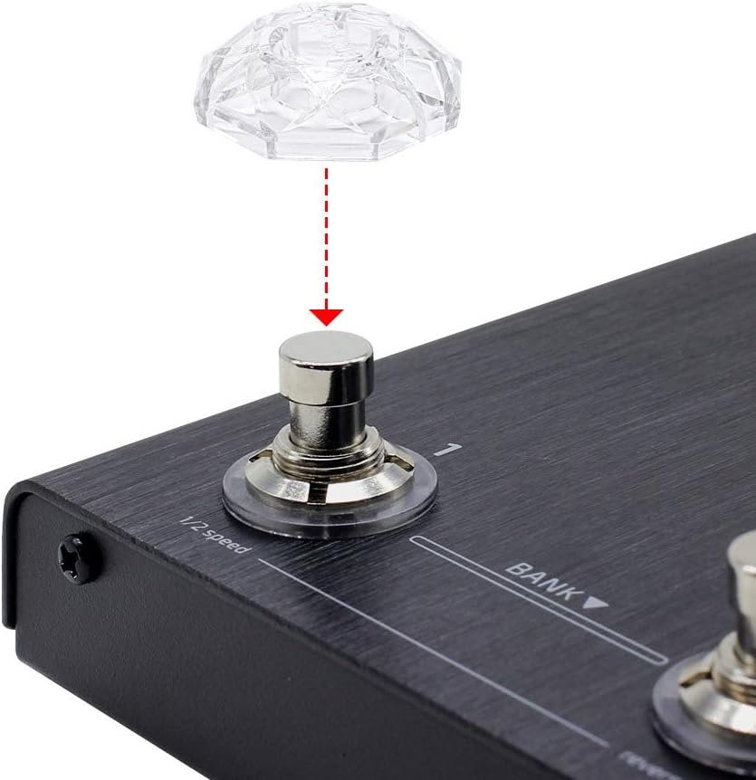 Diagram showing Hotone Karat Cap footswitch cover fitting onto a pedal's chrome footswitch
