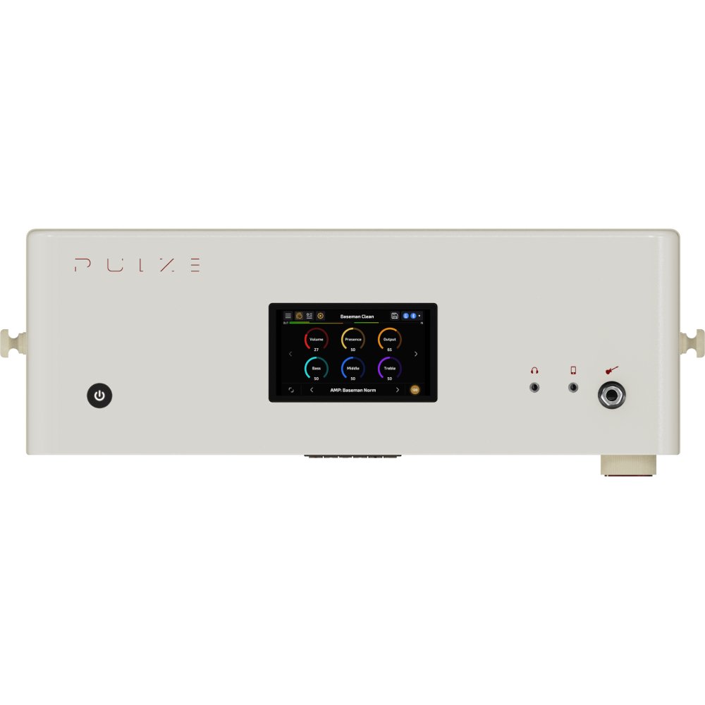Hotone Pulze AP-30WH amplifier, side view showing touchscreen display and headphone jack
