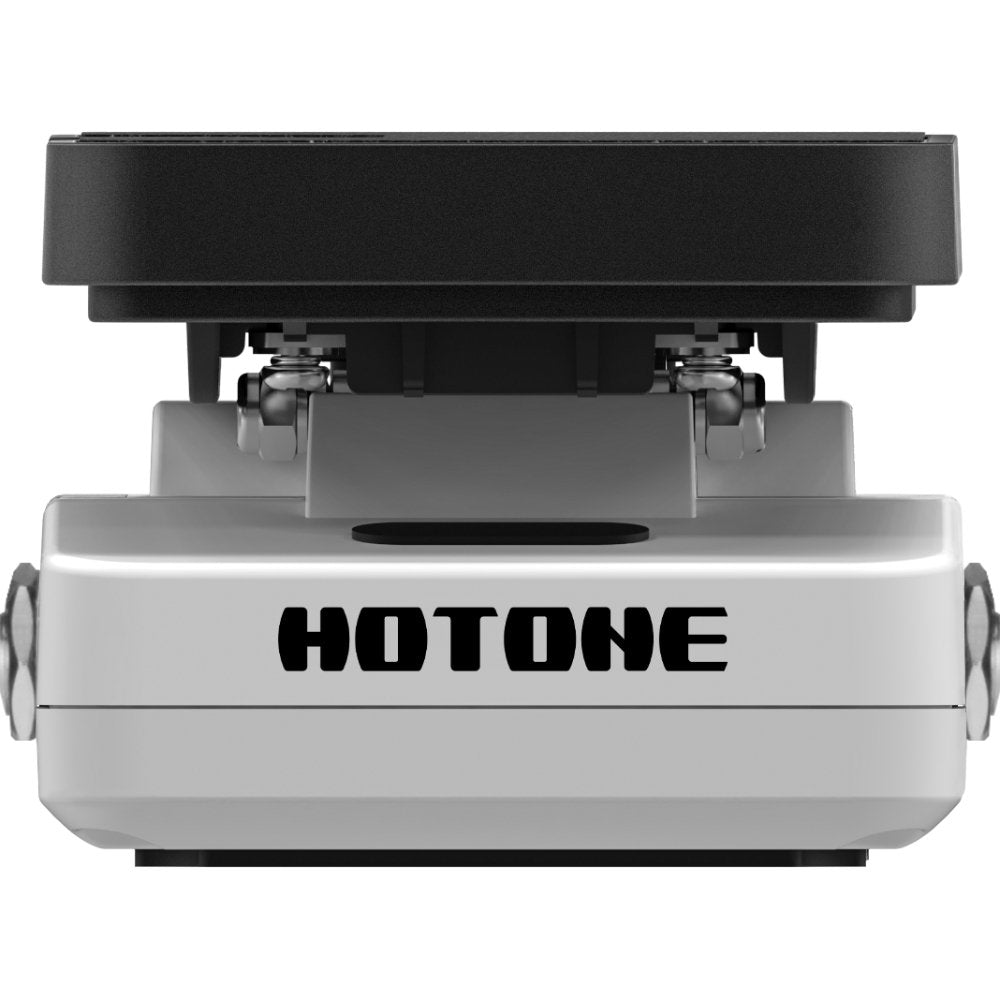 Hotone TunerPress tuner pedal, front view of base showing input/output jacks and logo