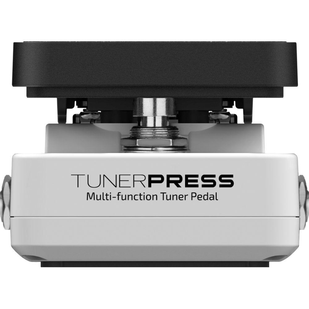 Hotone TunerPress multi-function tuner pedal, front view of raised rocker top and base