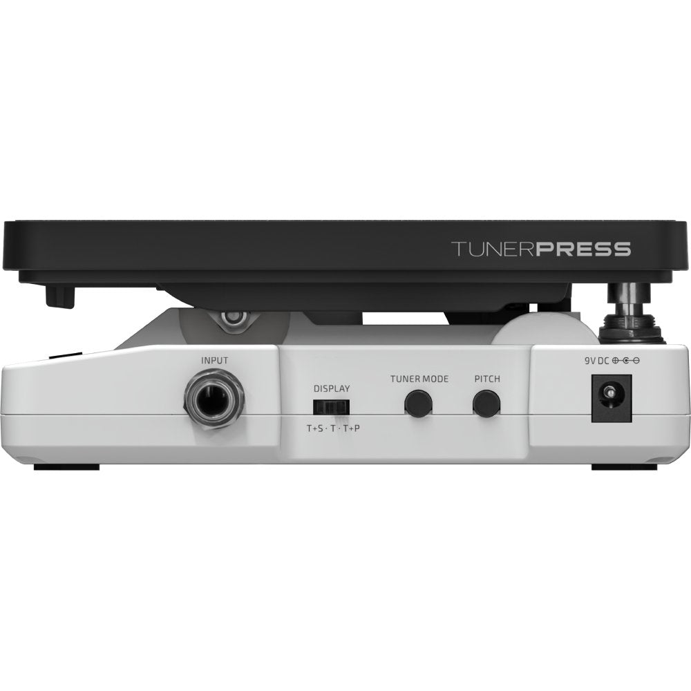 Hotone TunerPress tuner pedal, side profile showing rocker mechanism and control buttons