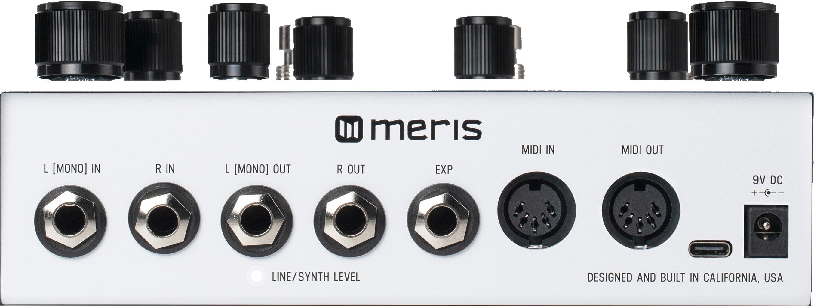 Meris LVX modular delay pedal rear panel showing audio jacks, MIDI In/Out, and USB-C port
