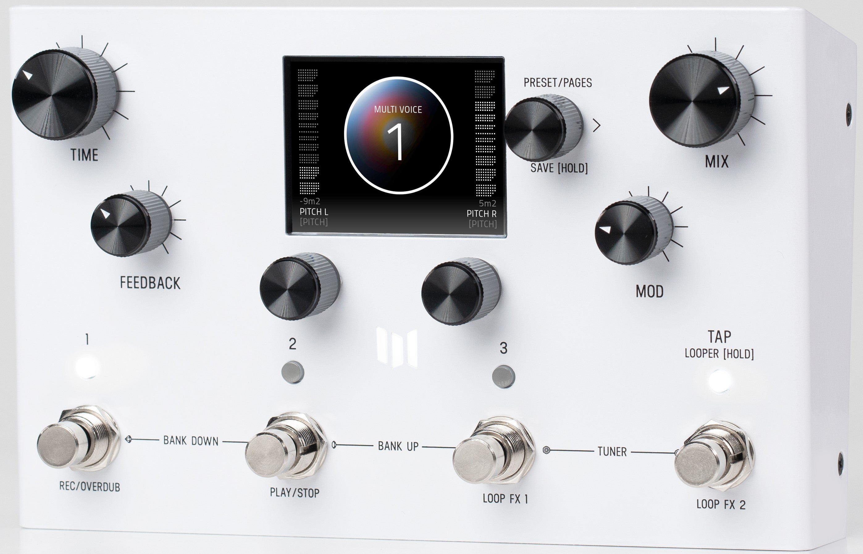 Meris LVX modular delay pedal in a three-quarter angled view showing the display and front controls