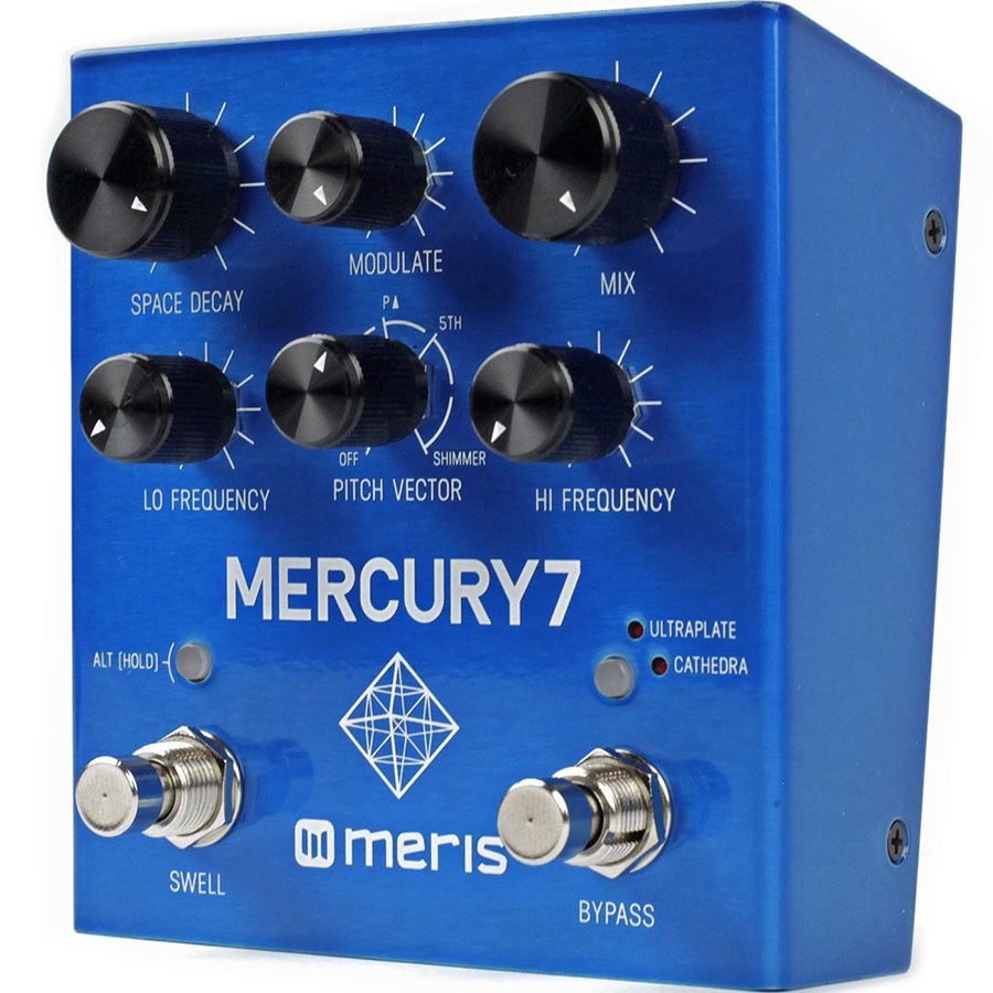 Meris Mercury7 reverb pedal viewed from an angled front perspective showing the top panel controls