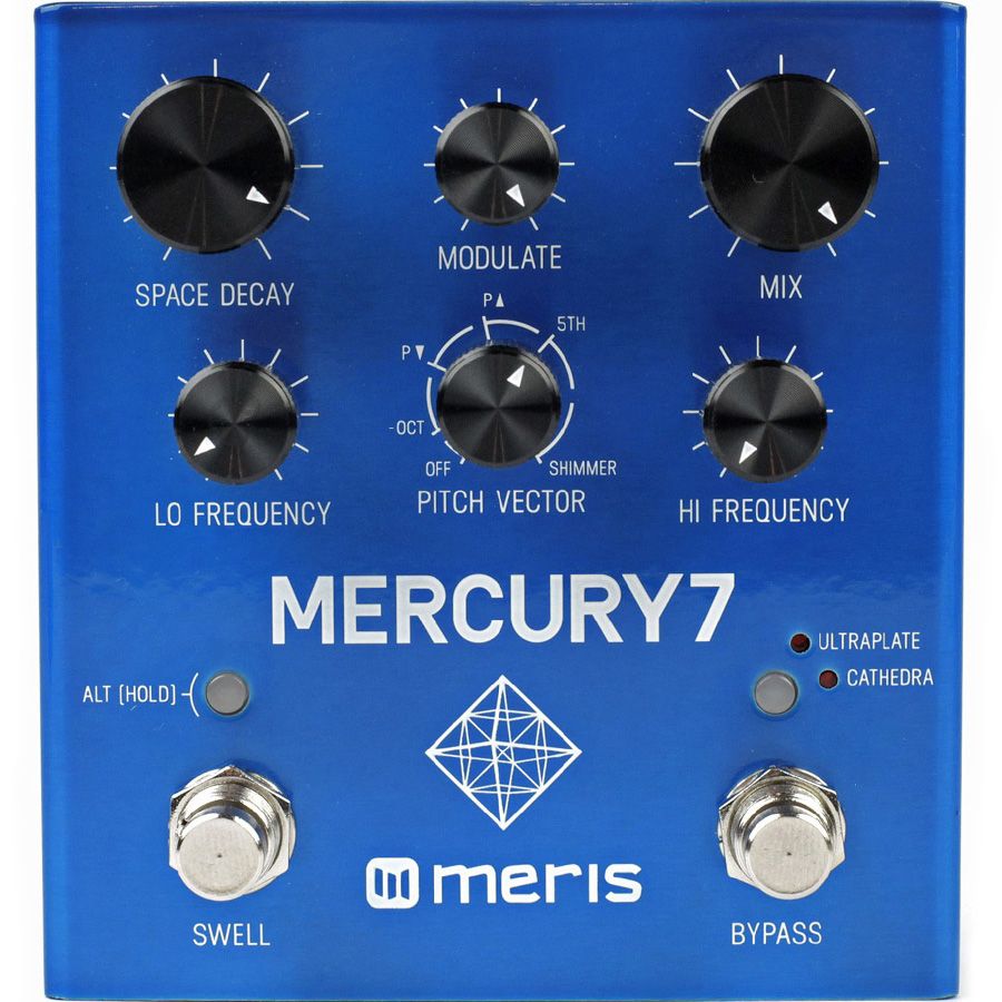 Meris Mercury7 reverb pedal, straight-on front view showing all six control knobs and footswitches