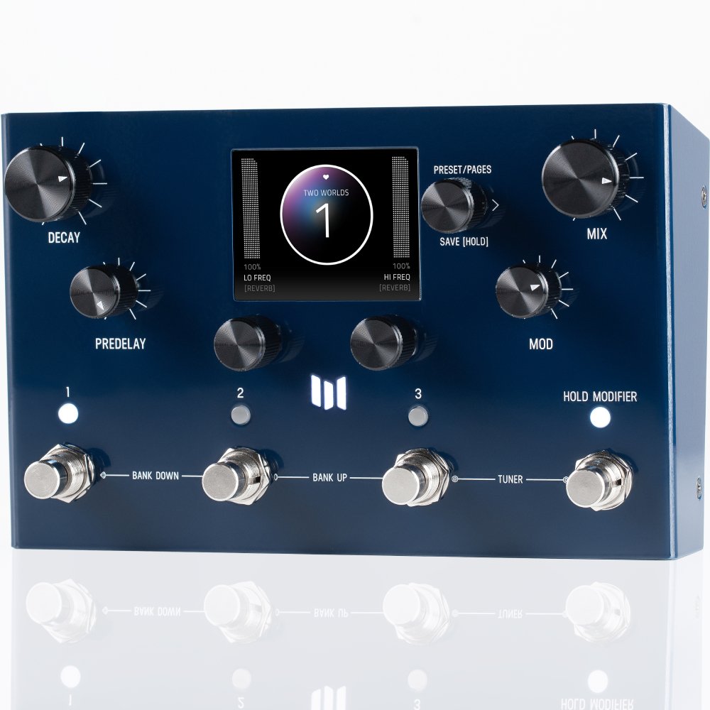 Meris MercuryX modular reverb pedal viewed from an angled front perspective showing the display and controls