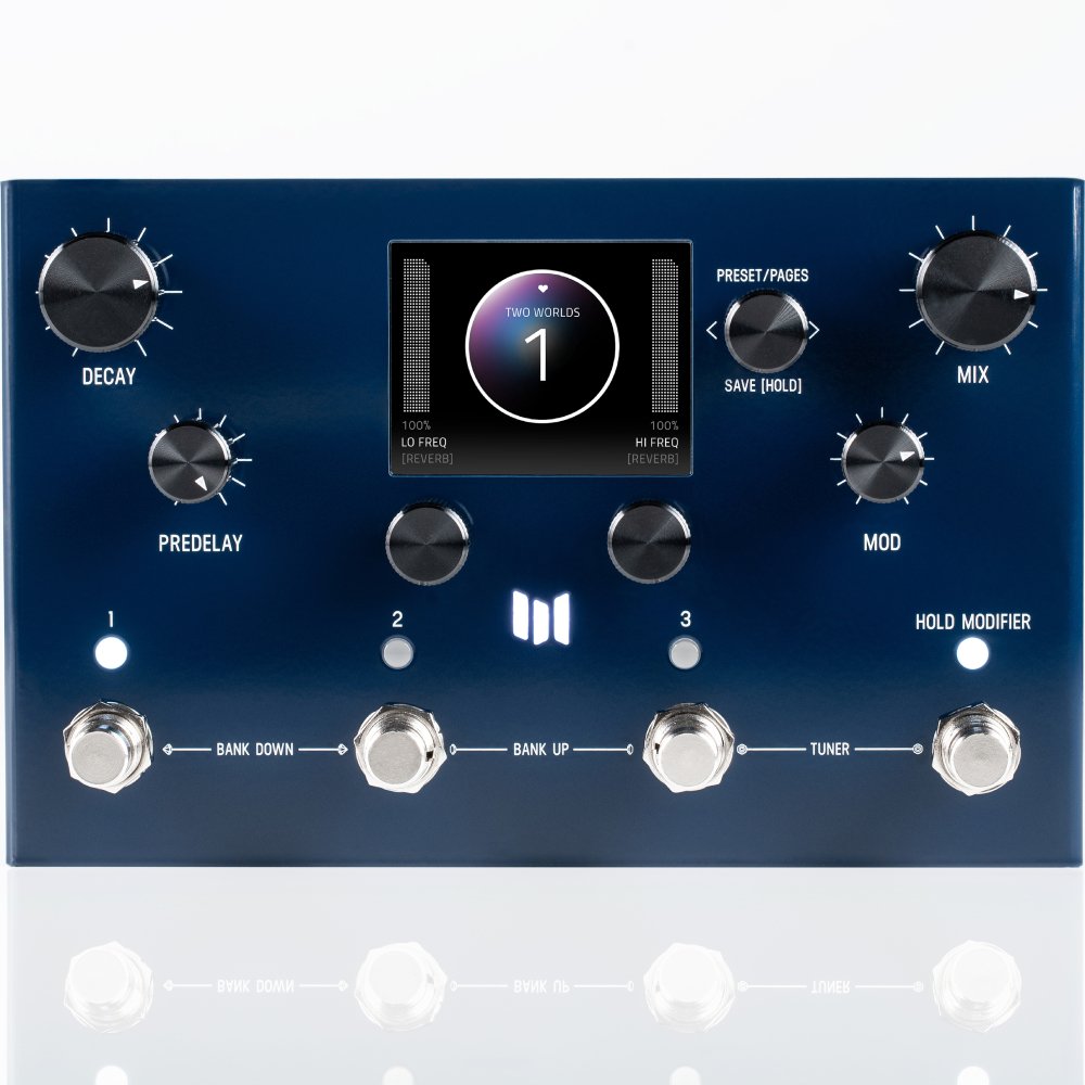 Meris MercuryX modular reverb pedal, straight-on front view showing the color display and control knobs