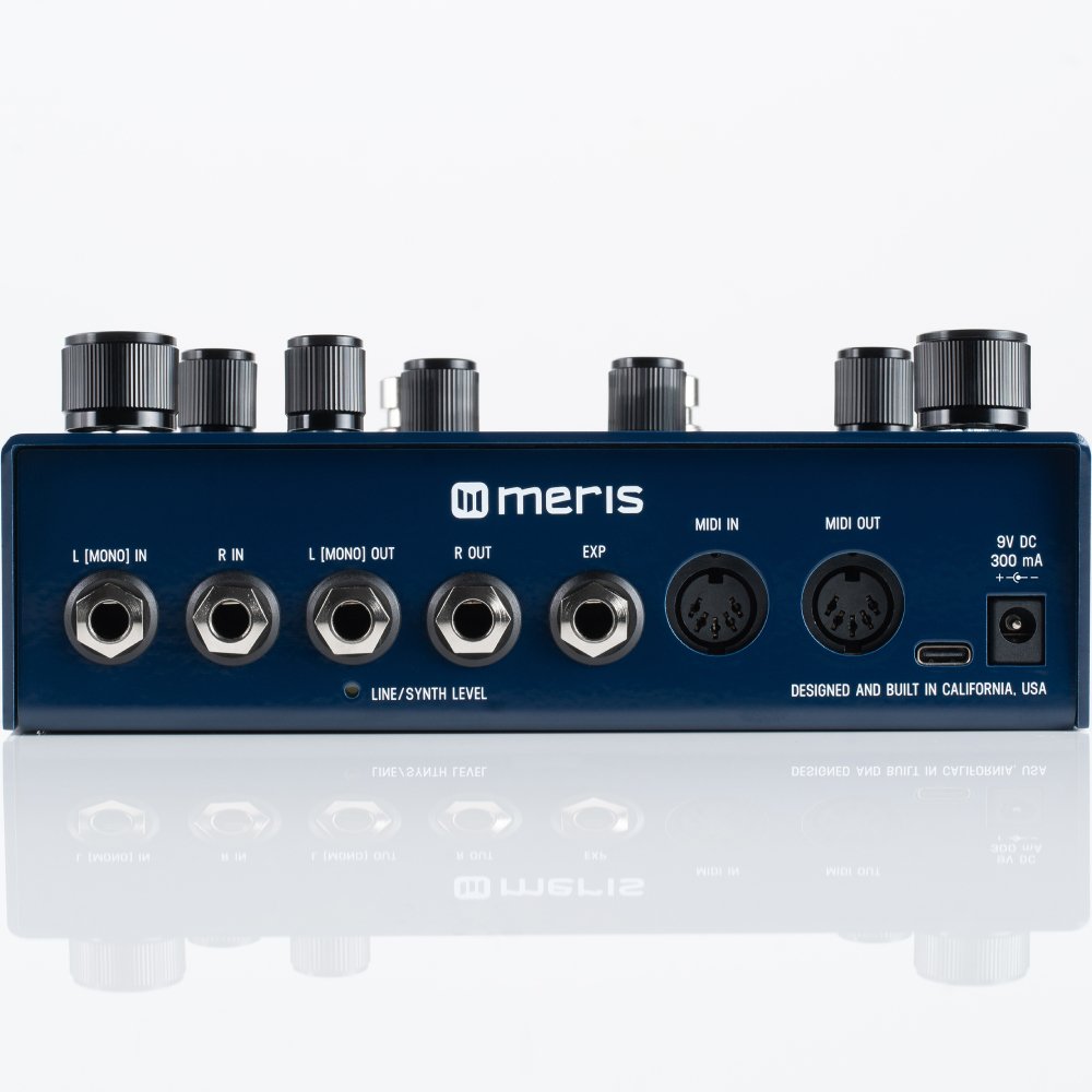 Meris MercuryX modular reverb pedal rear panel showing audio jacks, MIDI In/Out, and USB-C port