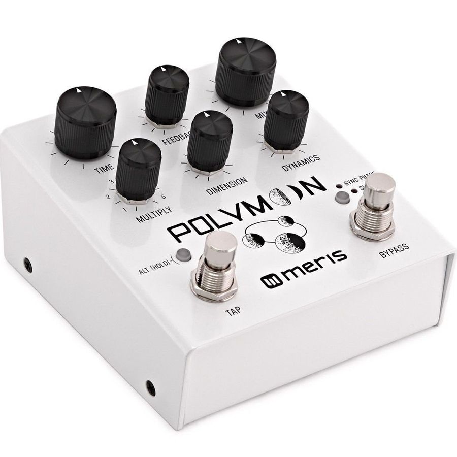 Meris Polymoon delay pedal viewed from an angled three-quarter perspective showing the top panel controls