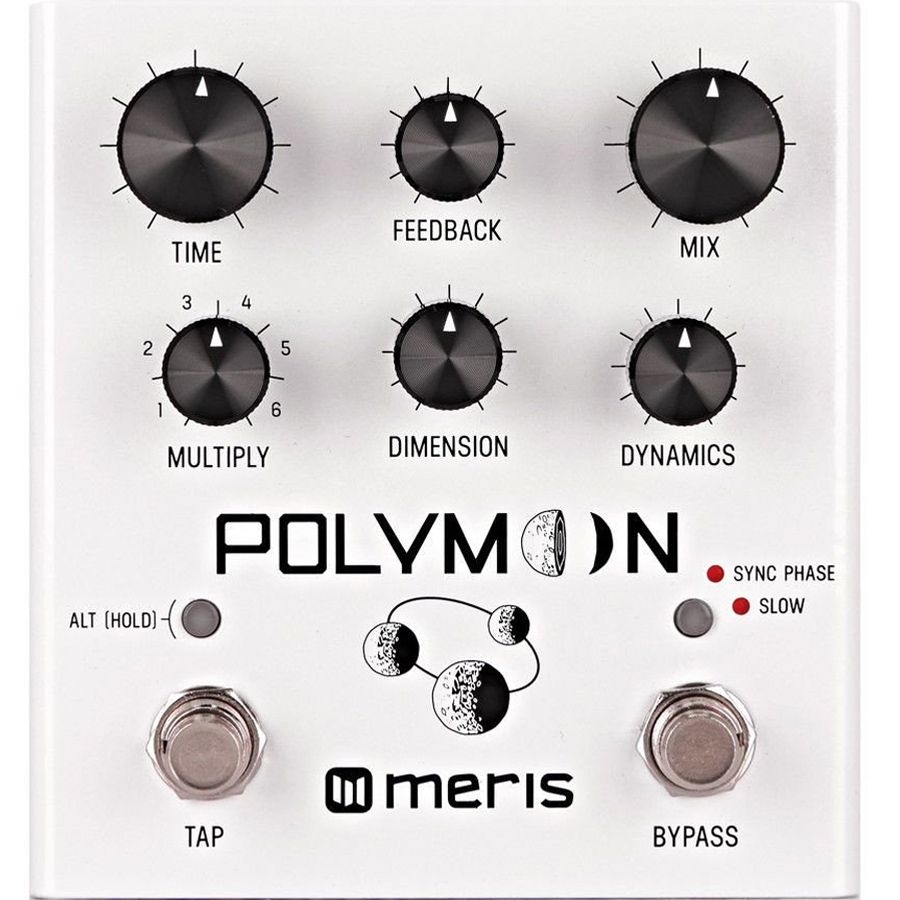 Meris Polymoon delay pedal, straight-on front view showing all six control knobs and footswitches